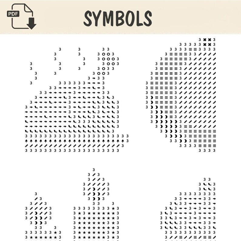 Może przedstawiać: Dokument cyfrowy zatytułowany SYMBOLS przedstawiający cztery r&oacute;żne wzory siatek złożone z czarnych symboli i cyfry 3. Symbole obejmują strzałki, p&oacute;łksiężyce, gwiazdki i poziome linie ułożone w geometryczne kształty na białym tle.