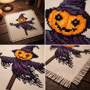 Puede incluir: Un trozo cuadrado de tela Aida de color blanco roto con un dise&ntilde;o de punto de cruz de un espantap&aacute;jaros con una cabeza de calabaza naranja brillante y un sombrero y ropa de color morado. La tela tiene bordes deshilachados y un poste de madera.