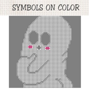 Puede incluir: Un patr&oacute;n de punto de cruz sobre un fondo de cuadr&iacute;cula blanca con el texto SYMBOLS ON COLOR en la parte superior. El dise&ntilde;o muestra una silueta gris pixelada de una cabeza de personaje con dos grandes cuencas vac&iacute;as, una nariz gris y mejillas rosas.