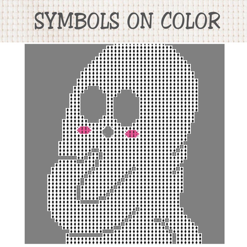Puede incluir: Un patr&oacute;n de punto de cruz sobre un fondo de cuadr&iacute;cula blanca con el texto SYMBOLS ON COLOR en la parte superior. El dise&ntilde;o muestra una silueta gris pixelada de una cabeza de personaje con dos grandes cuencas vac&iacute;as, una nariz gris y mejillas rosas.
