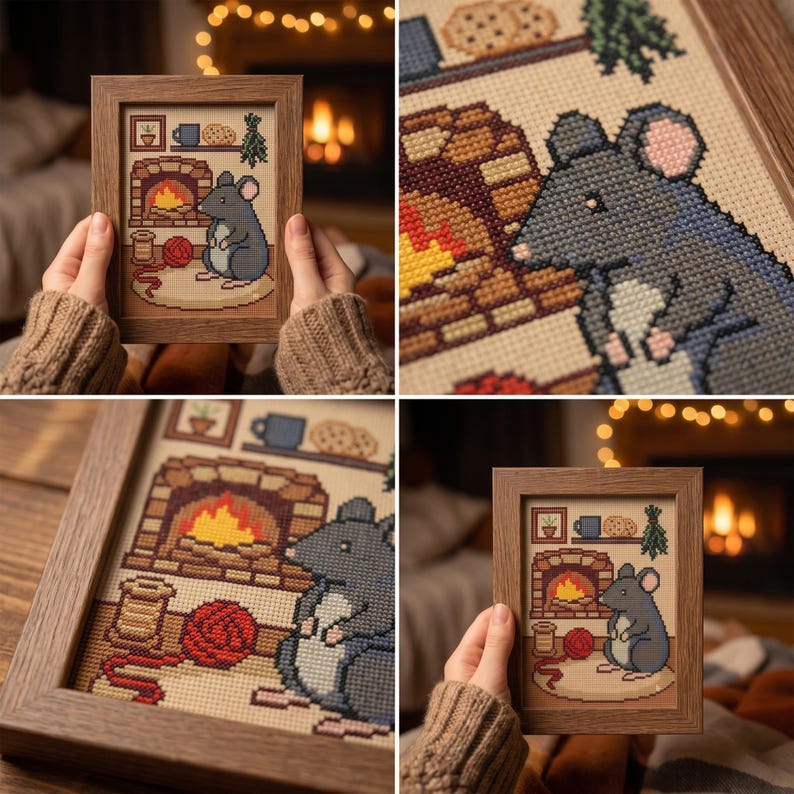 Pode incluir: Um bordado em ponto cruz emoldurado apresentando um rato cinzento sentado num tapete em frente a uma lareira de tijolo. A cena inclui um novelo de l&atilde; vermelho, uma bobine de madeira e uma prateleira com uma caneca azul, bolachas e uma planta.