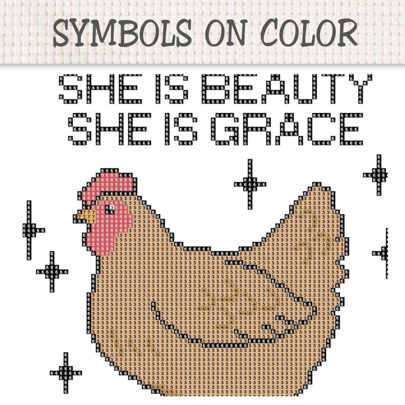 Puede incluir: Un patr&oacute;n de punto de cruz con una gallina marr&oacute;n con cresta y barbillas rosas, rodeada de peque&ntilde;os s&iacute;mbolos de estrellas negras. El texto dice SYMBOLS ON COLOR, SHE IS BEAUTY, SHE IS GRACE. Cada secci&oacute;n contiene peque&ntilde;os n&uacute;meros negros.