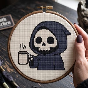 Liemannen kaffe korsstygnsmönster, söt dödskaffe nålspets, läskigt broderi, direktnedladdning PDF bild 2