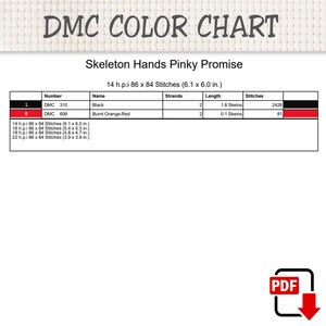K&ouml;nnte beinhalten: Eine DMC-Farbkarte f&uuml;r ein Kreuzstichmuster mit dem Titel Skeleton Hands Pinky Promise. Die Tabelle listet DMC 310 Schwarz und DMC 606 Gebranntes Orange-Rot mit Fadenanzahl, L&auml;ngen in Str&auml;ngen und Stichzahlen f&uuml;r 14 h.p.i. 86 x 84 Stiche auf.