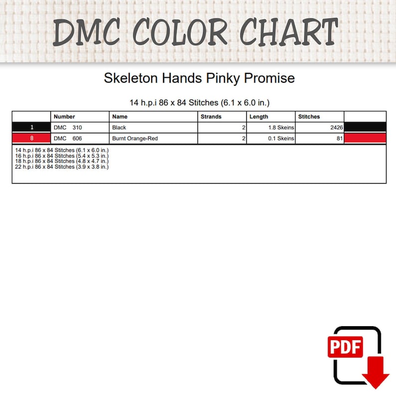 K&ouml;nnte beinhalten: Eine DMC-Farbkarte f&uuml;r ein Kreuzstichmuster mit dem Titel Skeleton Hands Pinky Promise. Die Tabelle listet DMC 310 Schwarz und DMC 606 Gebranntes Orange-Rot mit Fadenanzahl, L&auml;ngen in Str&auml;ngen und Stichzahlen f&uuml;r 14 h.p.i. 86 x 84 Stiche auf.