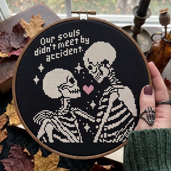 Skeleton Couple Cross Stitch Pattern, Gothic Love Quote, Instant Download PDF