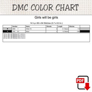 May include: A DMC color chart for a cross-stitch pattern titled Girls will be girls. The table lists DMC 1 White Tin and DMC 310 Black with thread counts, strand requirements, and dimensions for 14, 16, 18, and 22 h.p.i. fabric sizes in inches.
