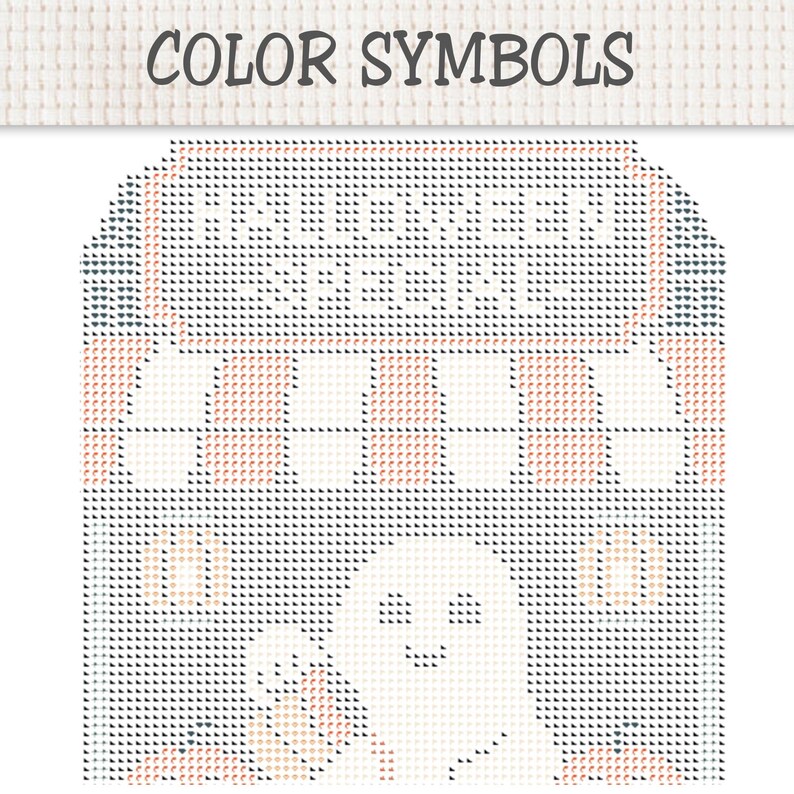 May include: A cross stitch pattern chart titled COLOR SYMBOLS featuring a HALLOWEEN SPECIAL sign, a striped awning, two pumpkins, and a central ghost figure. The design uses a grid of small symbols in shades of orange, black, and white on a fabric background.