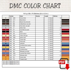 Pu&ograve; includere: Una tabella con cartella colori DMC che presenta un elenco di numeri di filo, nomi, numero di fili, lunghezze in matassine e numero di punti. La tabella include un'intestazione con il titolo DMC COLOR CHART e dimensioni di 14 h.p.i 89 x 74 punti (6,4 x 5,3 cm).