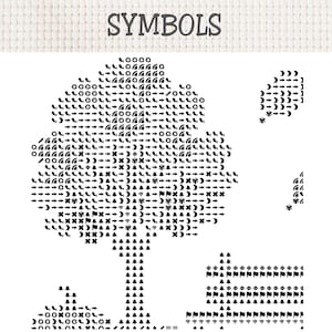 May include: A cross stitch pattern chart titled SYMBOLS featuring a black and white tree design composed of various geometric icons and symbols. The pattern includes a large tree, a small floating leaf, and a fence, all rendered in black on white.