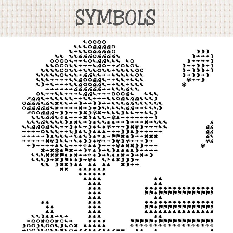 May include: A cross stitch pattern chart titled SYMBOLS featuring a black and white tree design composed of various geometric icons and symbols. The pattern includes a large tree, a small floating leaf, and a fence, all rendered in black on white.