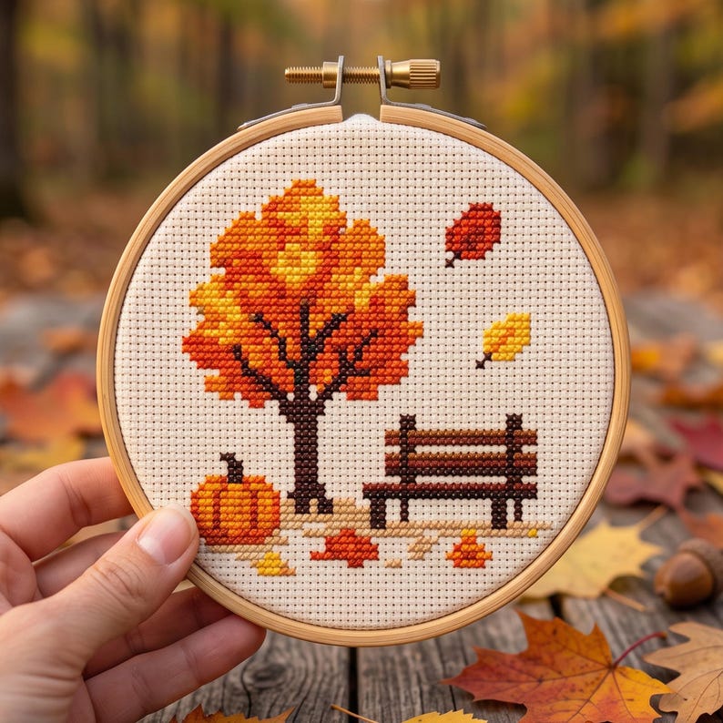 May include: A circular wooden embroidery hoop containing a cross-stitch pattern on cream fabric. The design features a vibrant orange and yellow autumn tree, a brown park bench, a small orange pumpkin, and scattered fallen leaves in shades of red.