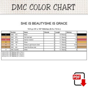Puede incluir: Una tabla de colores DMC para un patr&oacute;n de punto de cruz titulado SHE IS BEAUTYSHE IS GRACE. La tabla enumera n&uacute;meros de hilo, nombres, n&uacute;mero de hebras, longitudes en madejas y recuento de puntadas para colores como negro, oro, salm&oacute;n, paja y blanco.
