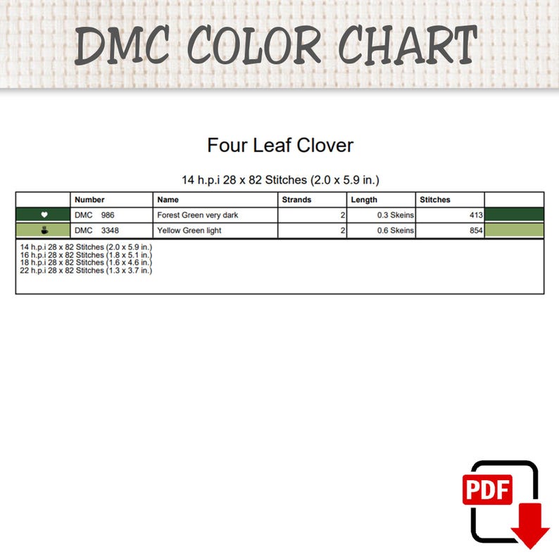 May include: A DMC color chart for a Four Leaf Clover cross stitch pattern. The table lists DMC 986 Forest Green very dark and DMC 3348 Yellow Green light, including thread strands, length in skeins, and stitch counts for 14 h.p.i. 28 x 82 stitches.