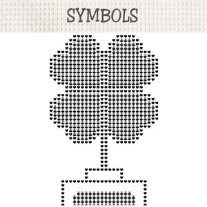 May include: A cross-stitch pattern chart titled SYMBOLS featuring a four-leaf clover shape constructed from small black heart and coffee cup icons. The design includes a stem and a rectangular base, all rendered in black on a white grid background.