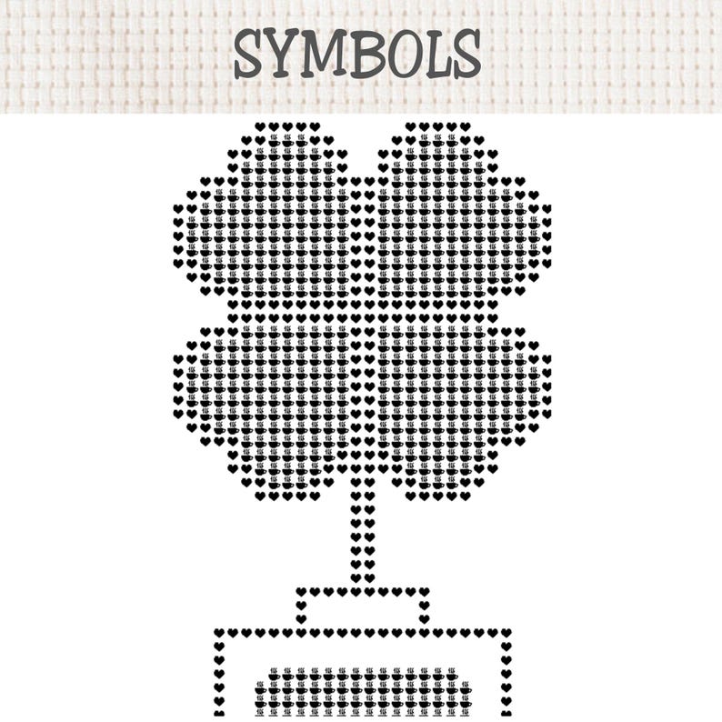 May include: A cross-stitch pattern chart titled SYMBOLS featuring a four-leaf clover shape constructed from small black heart and coffee cup icons. The design includes a stem and a rectangular base, all rendered in black on a white grid background.