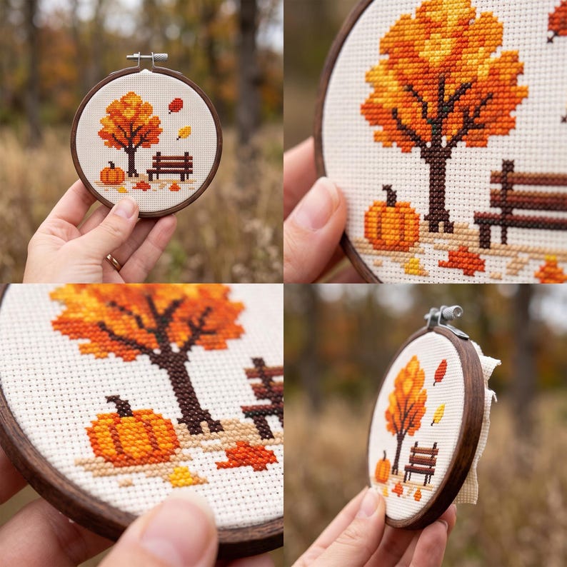 May include: A circular wooden embroidery hoop containing a cross-stitch design of an autumn scene. The pattern features a vibrant orange and yellow tree, a brown park bench, a small orange pumpkin, and scattered fallen leaves on white fabric.