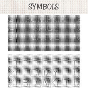 May include: A cross stitch pattern chart featuring the word SYMBOLS at the top. The design includes two distinct sections of black grid-based icons on a white background, with one section displaying a heart border and the other showing text.