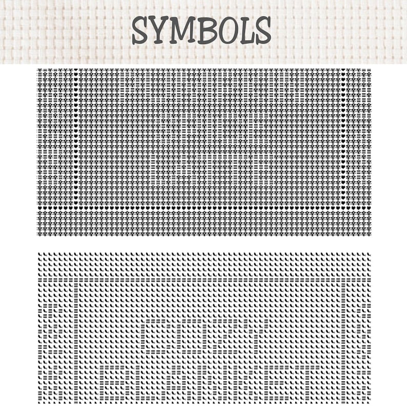 May include: A cross stitch pattern chart featuring the word SYMBOLS at the top. The design includes two distinct sections of black grid-based icons on a white background, with one section displaying a heart border and the other showing text.