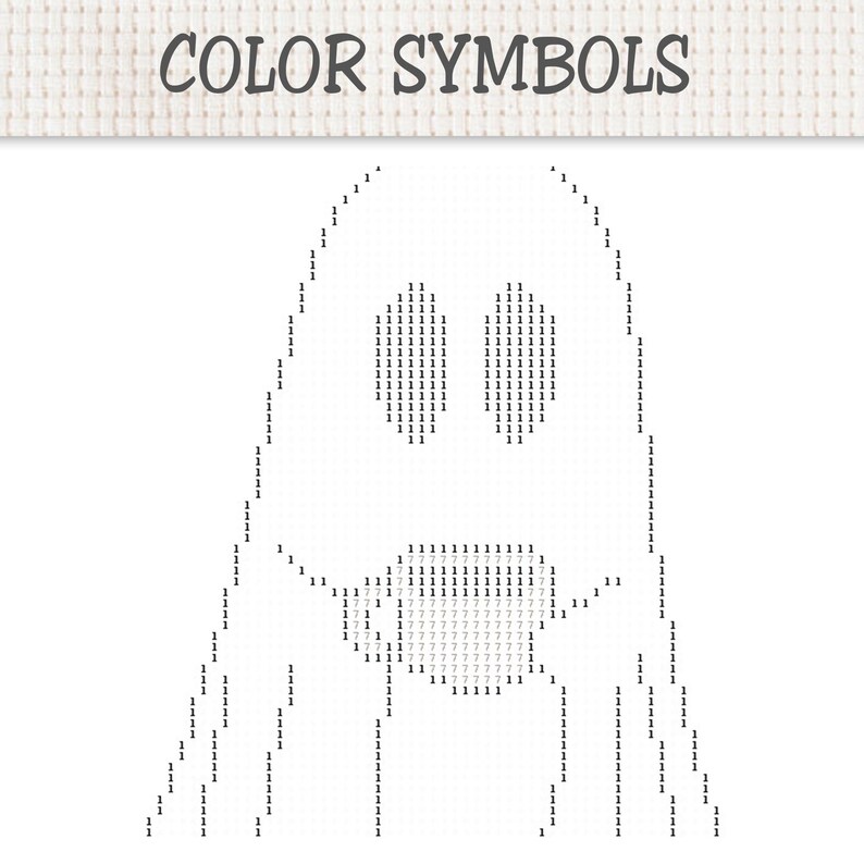 Op de afbeelding: Een kruissteekpatroon met de titel COLOR SYMBOLS, met de omtrek van een geest gemaakt met het cijfer 1 en een mondgedeelte gevuld met het cijfer 7. Het ontwerp staat op een witte rasterachtergrond die stoftextuur weergeeft.