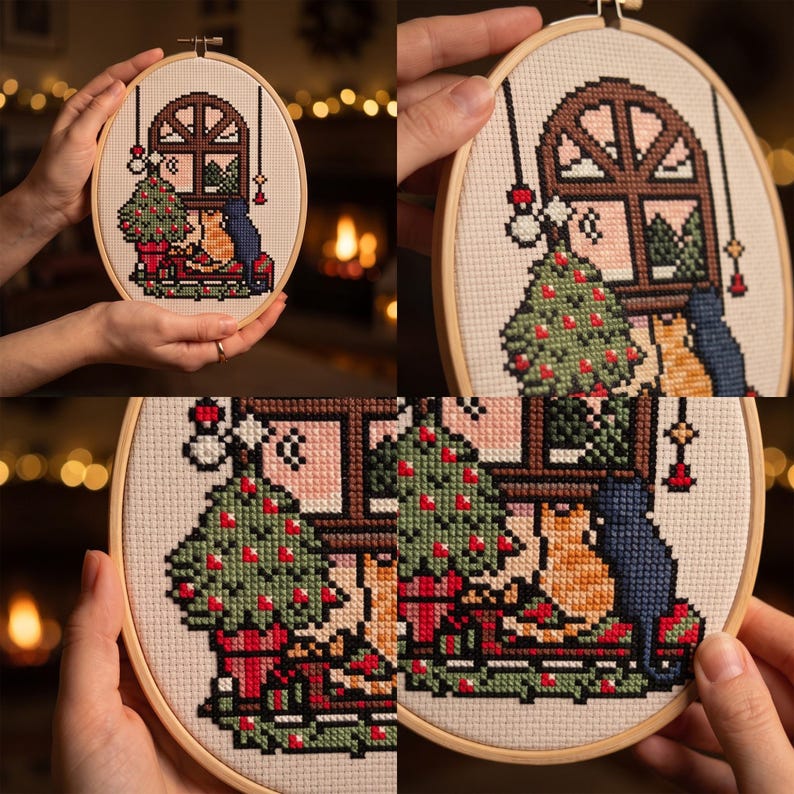 K&ouml;nnte beinhalten: Eine Kreuzstichstickerei in einem runden Holzrahmen mit einer weihnachtlichen Szene, die einen geschm&uuml;ckten Weihnachtsbaum, einen Fensterblick auf eine verschneite Landschaft und zwei zusammensitzende Katzen zeigt. Das Design enth&auml;lt rote, gr&uuml;ne, blaue und orangefarbene F&auml;den.