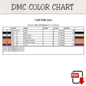 Op de afbeelding: Een DMC-kleurenkaart voor een kruissteekpatroon getiteld I will bite you. De tabel bevat zeven garenkleuren, waaronder wit, zwart, witviolet, zwartbruin, medium mandarijn, licht goudbruin en violet, inclusief steekaantallen en strenglengtes.