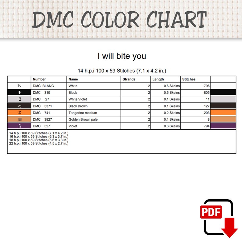 Op de afbeelding: Een DMC-kleurenkaart voor een kruissteekpatroon getiteld I will bite you. De tabel bevat zeven garenkleuren, waaronder wit, zwart, witviolet, zwartbruin, medium mandarijn, licht goudbruin en violet, inclusief steekaantallen en strenglengtes.