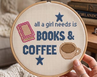 Alles, was ein Mädchen braucht, sind Bücher und Kaffee – Kreuzstichmuster, Buch-Stickerei, digitaler Download (PDF)