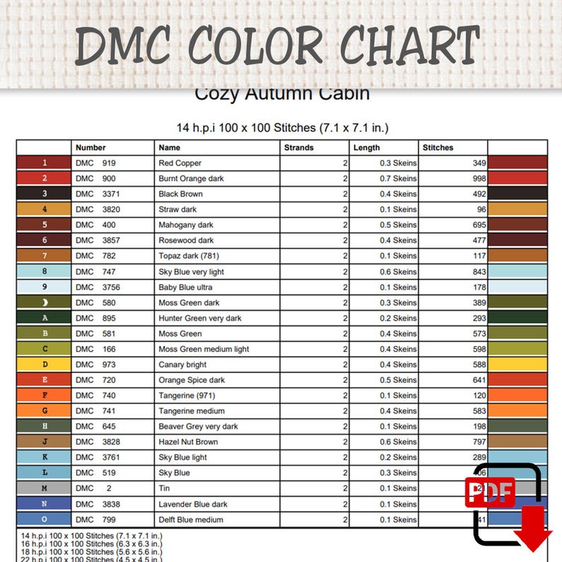 May include: A DMC color chart for a cross-stitch pattern titled Cozy Autumn Cabin. The table lists thread numbers, names, strand counts, skein lengths, and stitch counts for 14 h.p.i. 100 x 100 stitches measuring 7.1 x 7.1 inches.