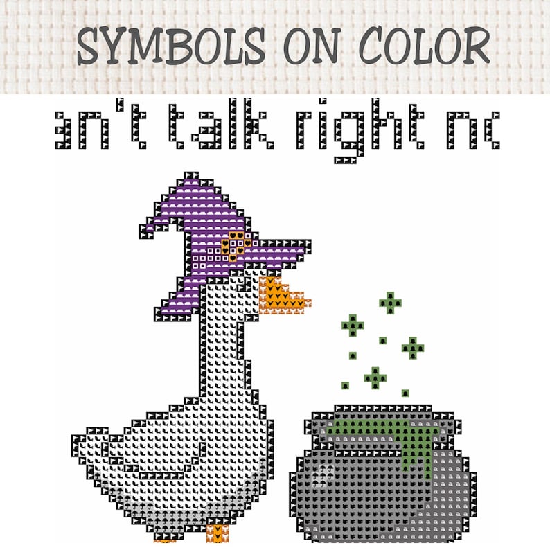 May include: A cross stitch pattern featuring a white goose wearing a purple witch hat with an orange band, standing next to a grey cauldron with green liquid bubbling over the top. The text "can't talk right now" is displayed in black pixelated font.