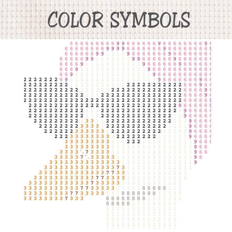 Puede incluir: Un patr&oacute;n de punto de cruz titulado COLOR SYMBOLS que muestra una cuadr&iacute;cula de n&uacute;meros sobre un fondo de tela blanca. Los s&iacute;mbolos num&eacute;ricos est&aacute;n dispuestos en forma de rostro con gafas de sol, usando los d&iacute;gitos 1, 2, 3, 6, 7 y 8 en colores.
