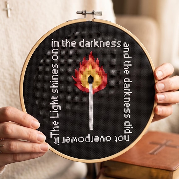 John 1:5 Bible Verse Cross Stitch Pattern, The Light Shines in the Darkness, Christian Embroidery, Match Needlepoint PDF Download