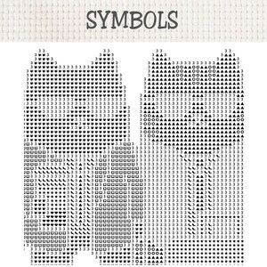 Może przedstawiać: Wz&oacute;r do haftu krzyżykowego z nagł&oacute;wkiem SYMBOLS, przedstawiający dwa odrębne kształty złożone z czarnych symboli siatki, w tym cyfr, tr&oacute;jkąt&oacute;w, kwadrat&oacute;w, gwiazdek, serc i małych liści na białym tle jako przewodnik do haftowania.