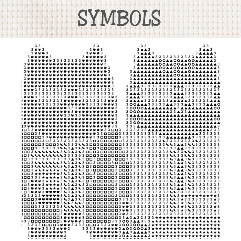 Może przedstawiać: Wz&oacute;r do haftu krzyżykowego z nagł&oacute;wkiem SYMBOLS, przedstawiający dwa odrębne kształty złożone z czarnych symboli siatki, w tym cyfr, tr&oacute;jkąt&oacute;w, kwadrat&oacute;w, gwiazdek, serc i małych liści na białym tle jako przewodnik do haftowania.