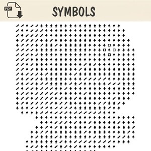 May include: A digital document titled SYMBOLS featuring a grid of black icons on a white background. The grid contains repeating arrow-like shapes, stair-step patterns, and a few small square outlines arranged in a structured, repeating layout.