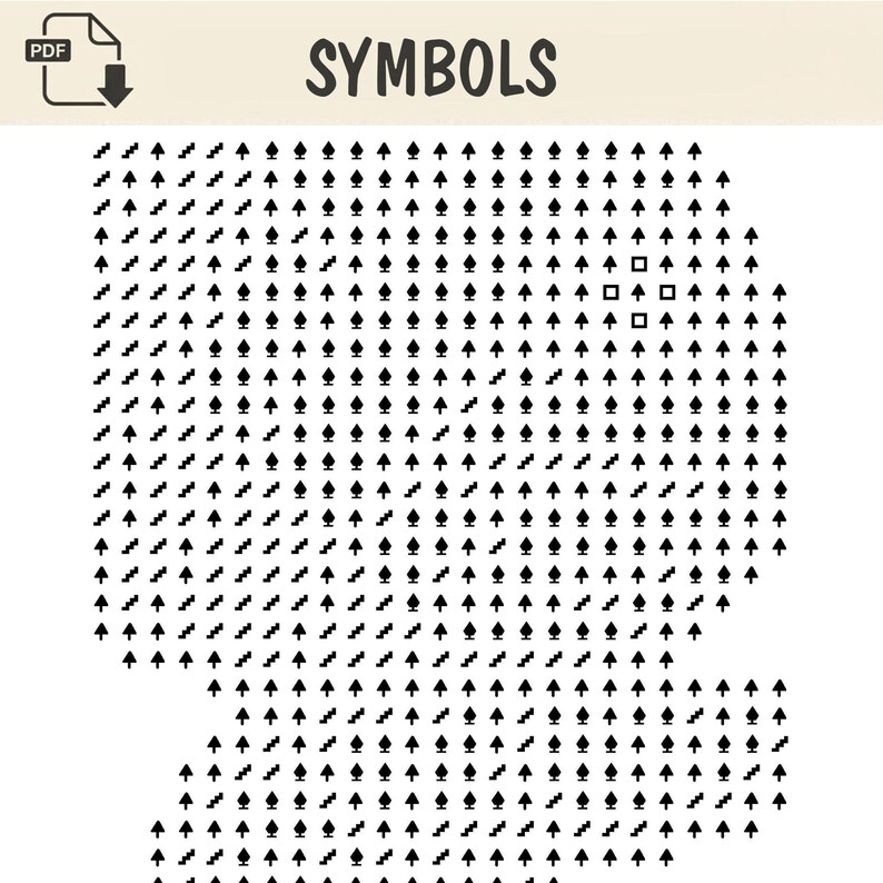May include: A digital document titled SYMBOLS featuring a grid of black icons on a white background. The grid contains repeating arrow-like shapes, stair-step patterns, and a few small square outlines arranged in a structured, repeating layout.