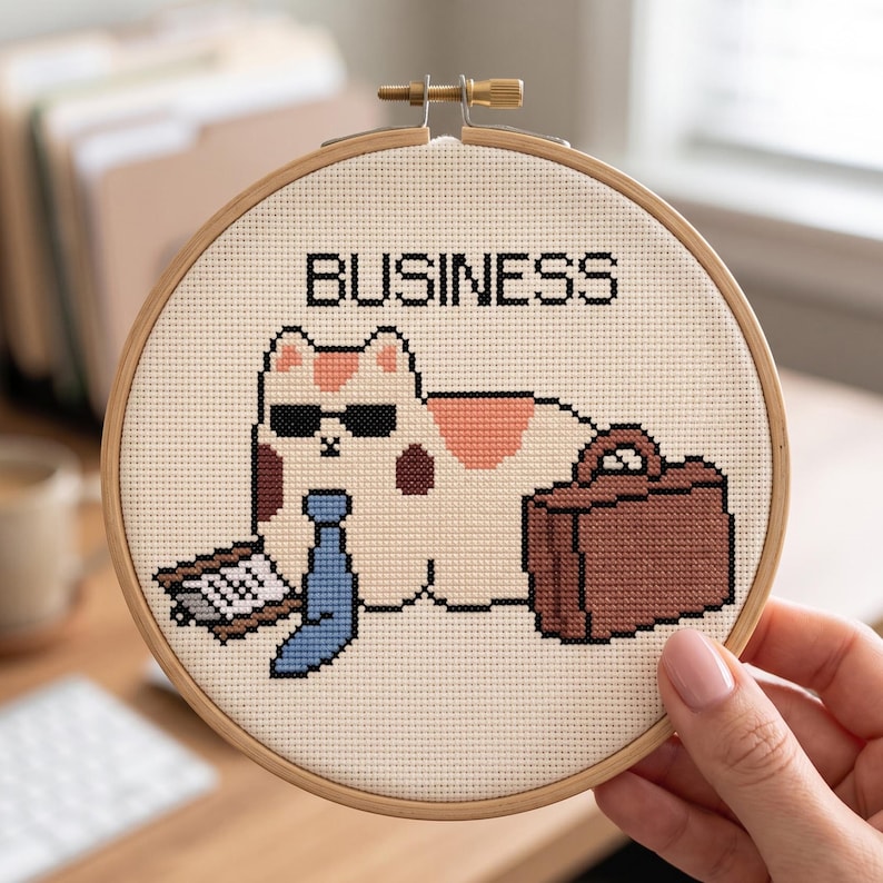 May include: A circular wooden embroidery hoop containing a cross-stitch design of a white, brown, and peach cat wearing black sunglasses and a blue necktie. The cat is positioned next to a brown briefcase and a clipboard, with the word BUSINESS.