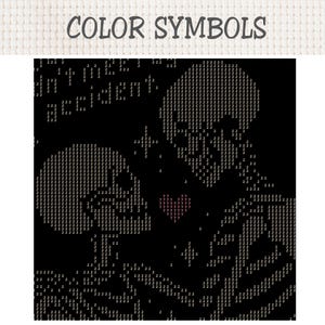 Op de afbeelding: Een kruissteekpatroon met de titel COLOR SYMBOLS op een zwarte achtergrond, met twee schedels gevormd door witte cijfers. Tussen de schedels staat een klein rood hartje, omringd door verspreide witte stersymbolen.