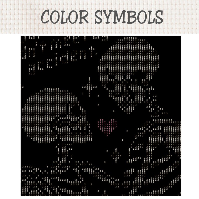 Op de afbeelding: Een kruissteekpatroon met de titel COLOR SYMBOLS op een zwarte achtergrond, met twee schedels gevormd door witte cijfers. Tussen de schedels staat een klein rood hartje, omringd door verspreide witte stersymbolen.