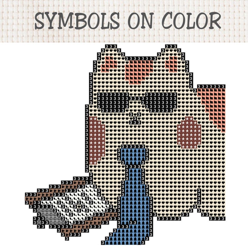 May include: A cross-stitch pattern chart titled SYMBOLS ON COLOR featuring a grid-based design of a cat wearing sunglasses and a blue necktie. The cat holds a brown object, with various symbols and numbers indicating thread colors for stitching.