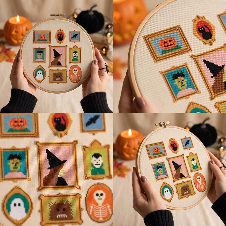 Korsstygnsmönster för Halloween-porträtt, nålsticksmönster för ramar till Halloween-hemsökta herrgårdar, direktnedladdning bild 3