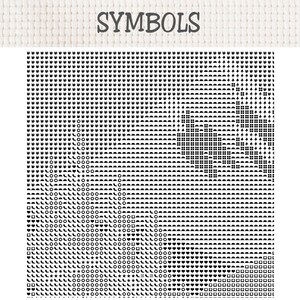 May include: A cross stitch pattern chart titled SYMBOLS, featuring a dense grid of black icons on a white background. The grid contains various shapes including hearts, stars, circles, squares, and arrows, organized in rows and columns.