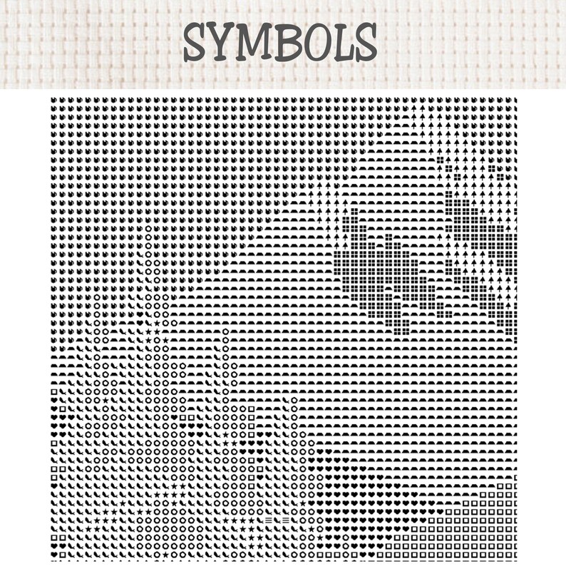 May include: A cross stitch pattern chart titled SYMBOLS, featuring a dense grid of black icons on a white background. The grid contains various shapes including hearts, stars, circles, squares, and arrows, organized in rows and columns.