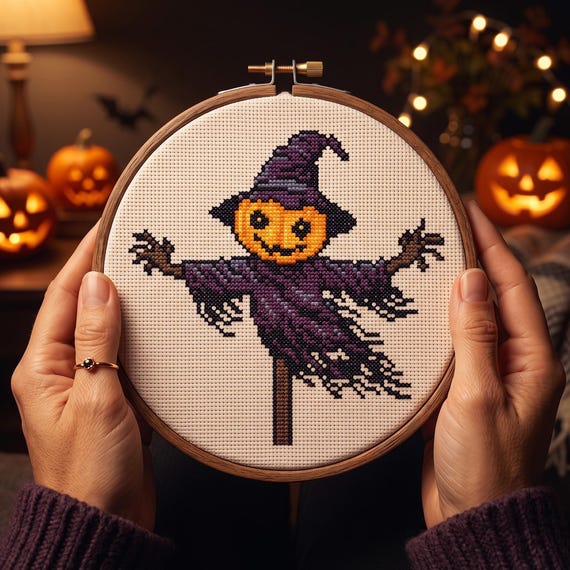 Scarecrow Cross Stitch Pattern, Pumpkin Head Witch Hat, Spooky Halloween Needlepoint, Instant Download PDF