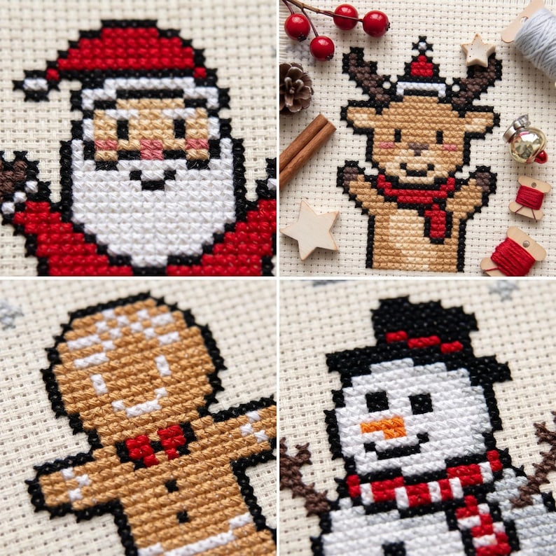 May include: A four-part collage of cross-stitch patterns on white fabric featuring a Santa Claus in a red hat, a reindeer wearing a red scarf and hat, a brown gingerbread person with a red bow tie, and a snowman with a black hat and red scarf.