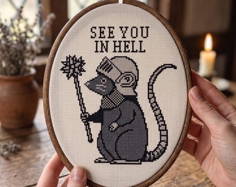 Modèle de point de croix « Rendez-vous en enfer » | Grille de broderie médiévale avec masse de rat et marteau de chevalier | Téléchargement PDF instantané