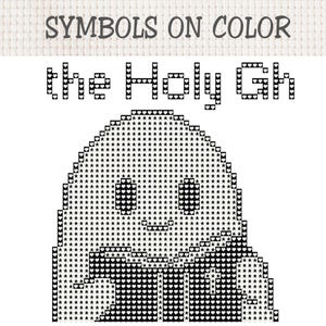 May include: A cross-stitch pattern featuring the text SYMBOLS ON COLOR and the Holy Gh, depicted as a pixelated ghost figure composed of black heart and star symbols on a white background, creating a monochromatic graphic design for embroidery.