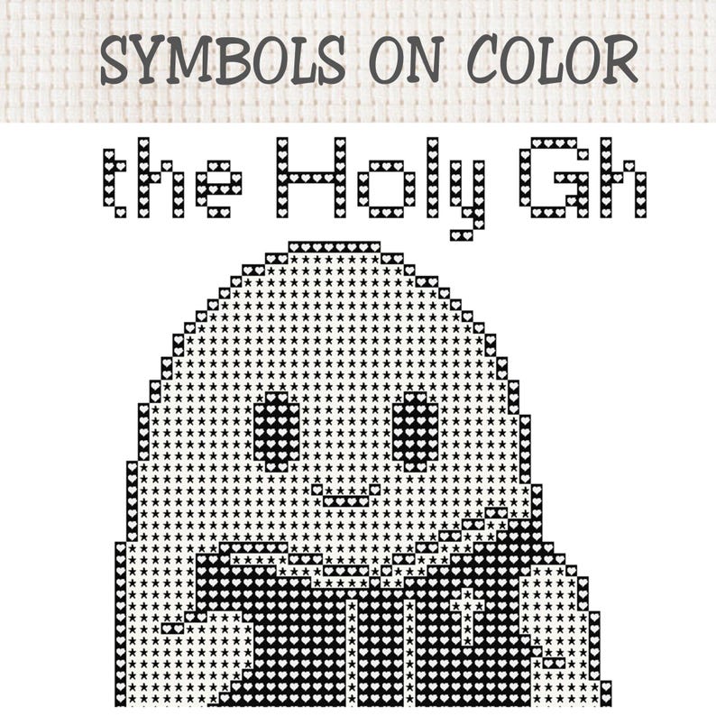 May include: A cross-stitch pattern featuring the text SYMBOLS ON COLOR and the Holy Gh, depicted as a pixelated ghost figure composed of black heart and star symbols on a white background, creating a monochromatic graphic design for embroidery.
