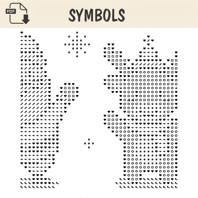 May include: A black and white cross stitch pattern chart labelled SYMBOLS, featuring two distinct shapes composed of various icons like hearts, arrows, stars, circles, and squares arranged in a grid format on a plain white background.