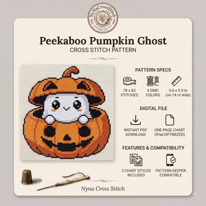 May include: A Peekaboo Pumpkin Ghost cross stitch pattern featuring a white ghost inside an orange jack-o'-lantern. The digital file includes 78 x 83 stitches, 6 DMC colors, and measures 5.6 x 5.9 inches on 14 ct Aida. Includes a thimble and needle.